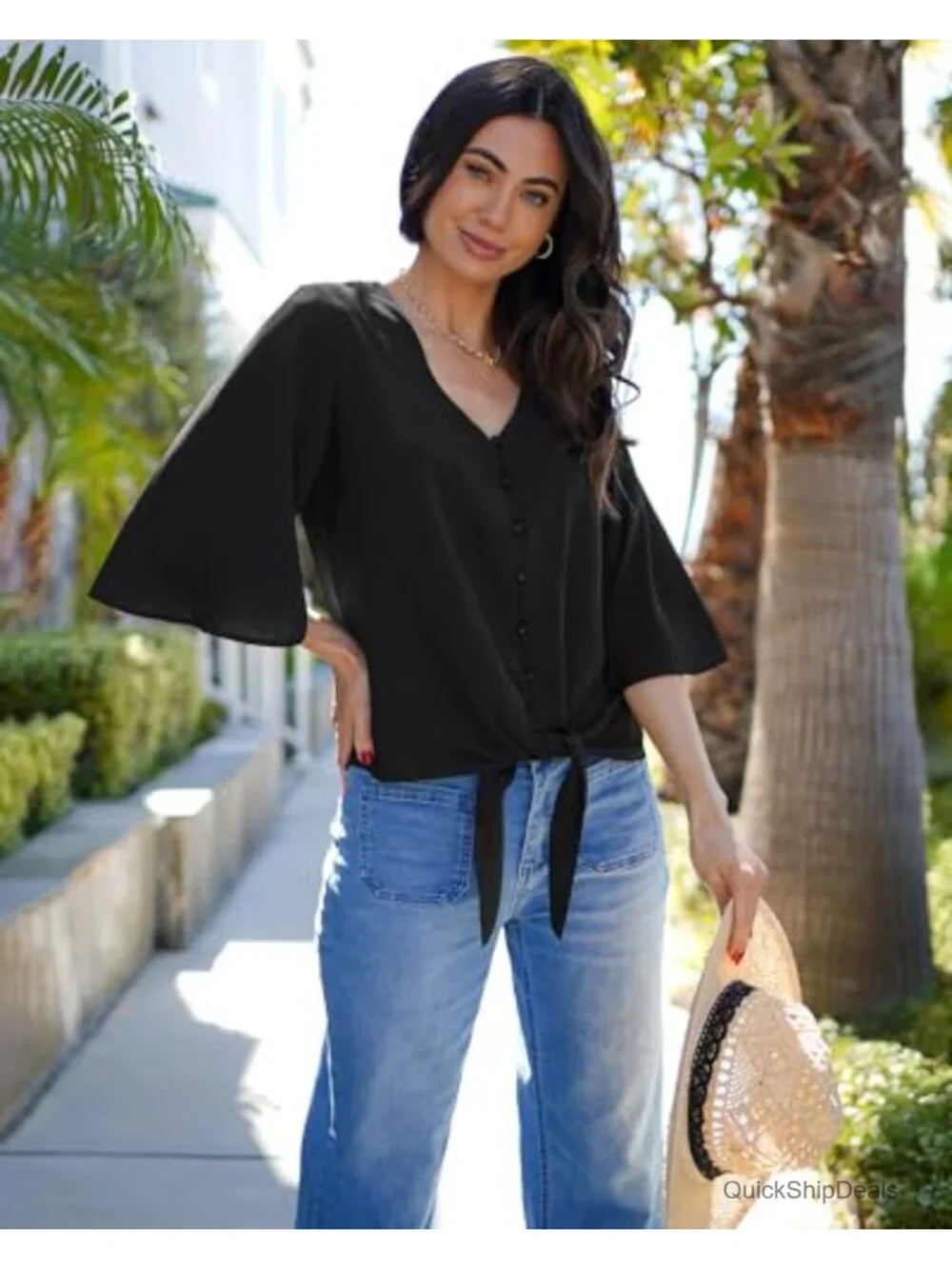 V Neck 3/4 Sleeve Tie Knot Blouse Button Down Shirt